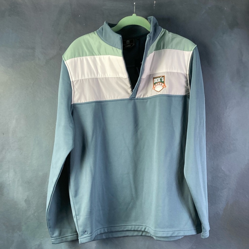 Gray and Blue Zip Up Sweater with Sporty Design